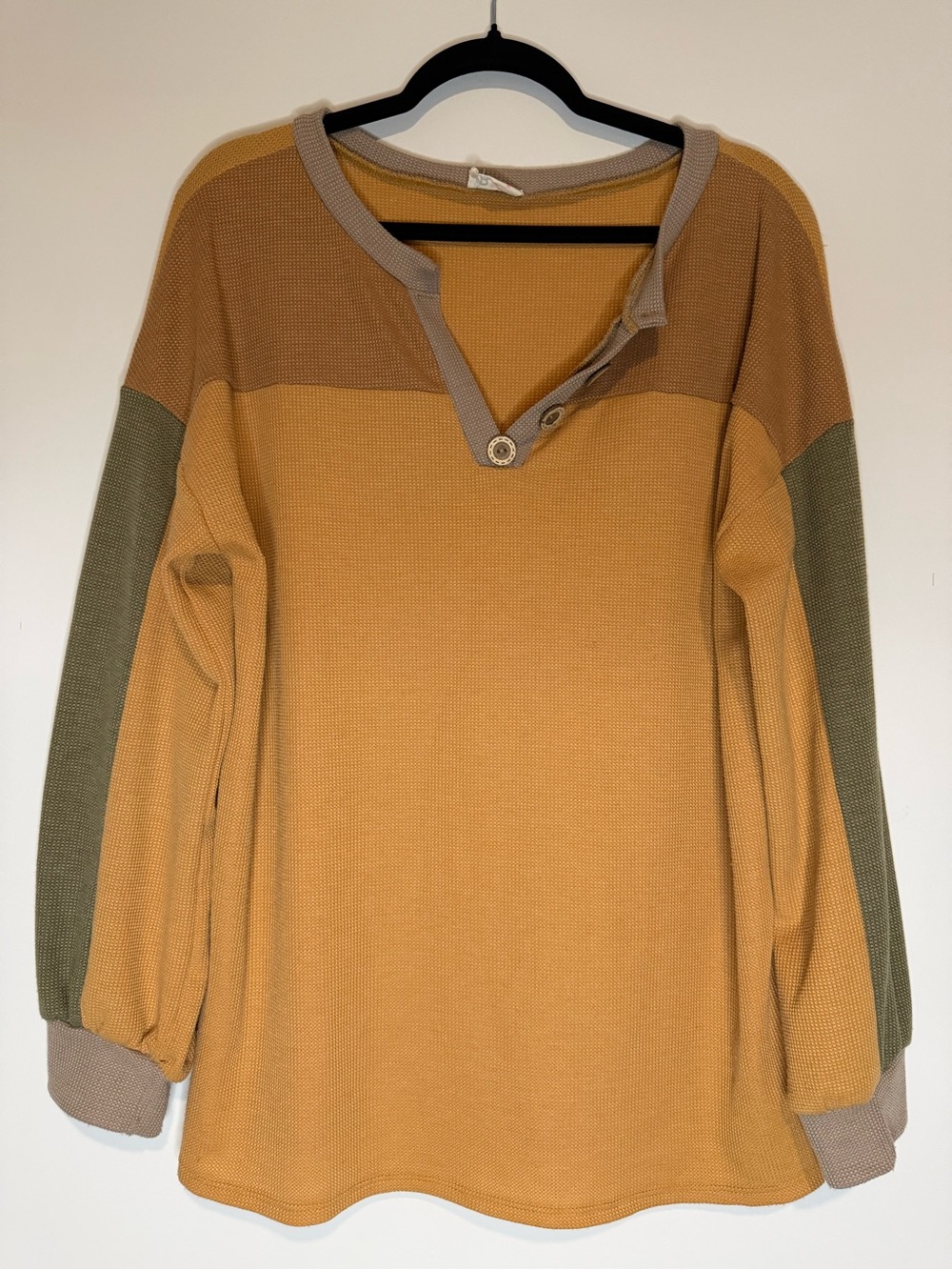 BIBI - Mustard Colorblock Waffle-Knit Long Sleeve Top